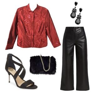 CHICO'S Red Sheen Jacket Mandarin Collar Sequin and Ribbon Embellished